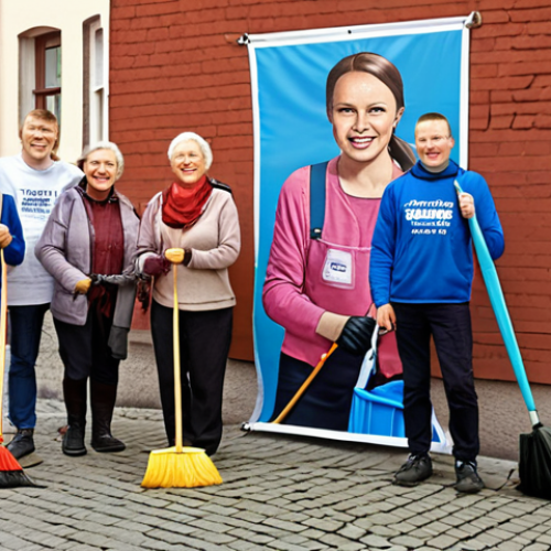 Home 11 **
> Neighborhood cleanup in Poland, smiling people, community spirit, focus on "Akcja Sprzątania" banner.
**