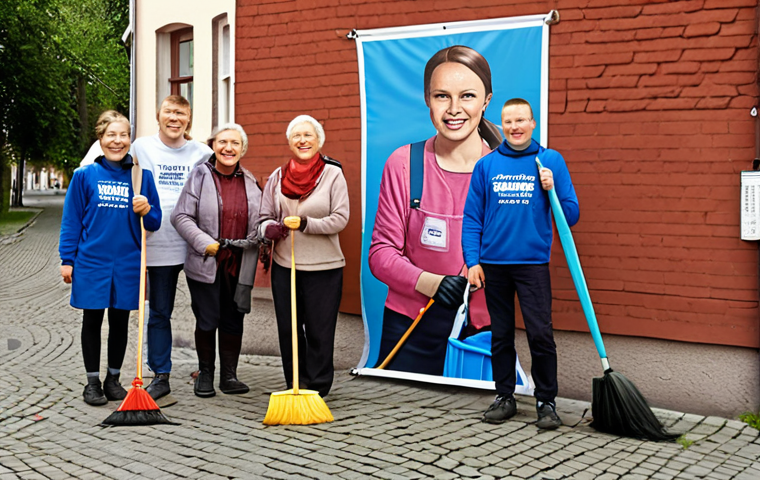 **
> Neighborhood cleanup in Poland, smiling people, community spirit, focus on "Akcja Sprzątania" banner.
**