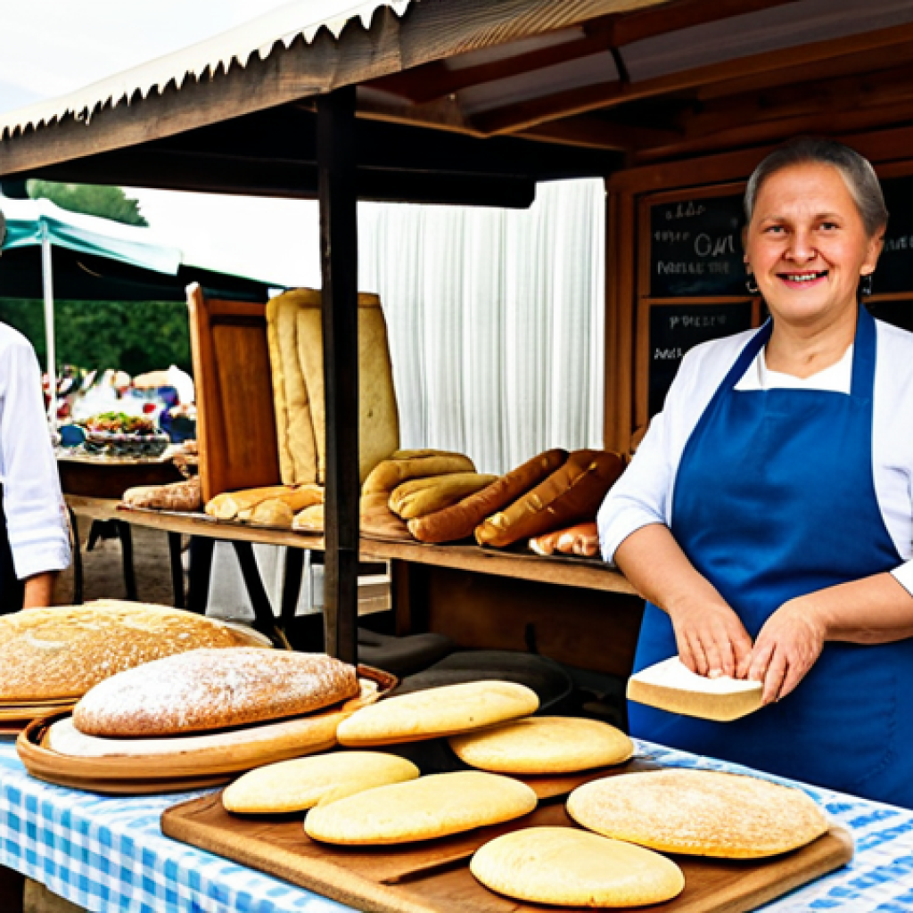 A professional, friendly Polish woman in her late 40s, wearing modest, traditional-inspired clothing and a clean apron, fully clothed, appropriate attire. She is standing behind a rustic wooden stall at a bustling outdoor farmers' market in Poland, carefully arranging freshly baked *cebularze* (traditional Polish flatbreads with onion and poppy seeds) and various artisan breads. The market is vibrant with natural sunlight, showcasing an abundance of local produce, handmade cheeses, and honey jars in the background, all in a family-friendly, appropriate setting. Professional photography, soft natural lighting, shallow depth of field, realistic, high detail, warm colors, perfect anatomy, correct proportions, natural pose, well-formed hands, proper finger count, natural body proportions, safe for work, appropriate content, fully clothed, modest.
