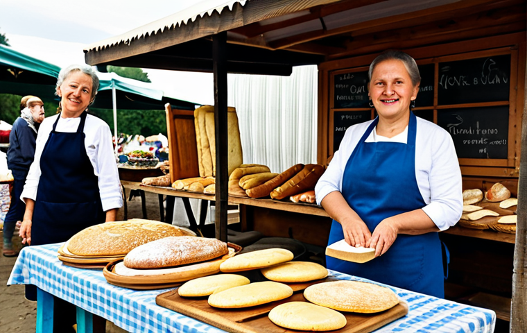 A professional, friendly Polish woman in her late 40s, wearing modest, traditional-inspired clothing and a clean apron, fully clothed, appropriate attire. She is standing behind a rustic wooden stall at a bustling outdoor farmers' market in Poland, carefully arranging freshly baked *cebularze* (traditional Polish flatbreads with onion and poppy seeds) and various artisan breads. The market is vibrant with natural sunlight, showcasing an abundance of local produce, handmade cheeses, and honey jars in the background, all in a family-friendly, appropriate setting. Professional photography, soft natural lighting, shallow depth of field, realistic, high detail, warm colors, perfect anatomy, correct proportions, natural pose, well-formed hands, proper finger count, natural body proportions, safe for work, appropriate content, fully clothed, modest.